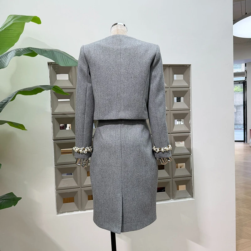 KBQ Temperament Two Piece Sets for Women Round Neck Long Sleeve Short Tops High Waist Skirt Chic Set Female Fashion Style New