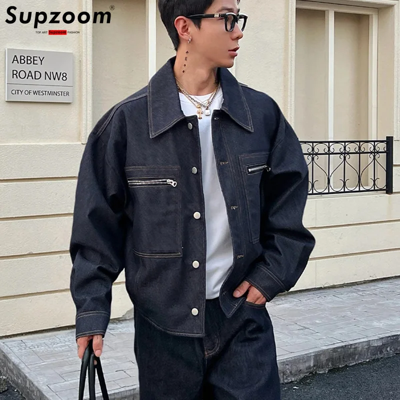 Supzoom New Arrival Top Fashion Zippered Pocket Men Casual Single Breasted Cotton Turn-down Collar Short Bomber Denim Jacket