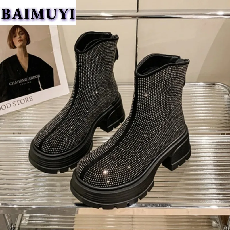 Botines con plataforma de cristal para Mujer, zapatos de tacón alto de lujo, marca de diseñador, tendencia de invierno 2025, Botas gruesas y acogedoras con cremallera para Mujer