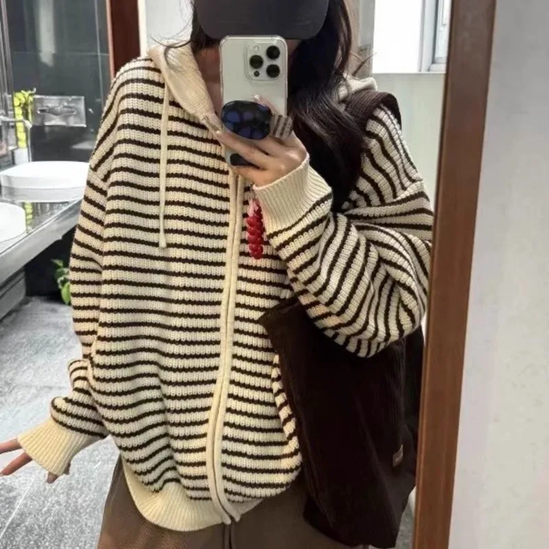 Cardigan Striped Hooded Knitted Sweater Kawaii Lolita Fashion Tops Girls Harajuku Zip Up Knitwear New In Hoodies Sweatshirts Yk2