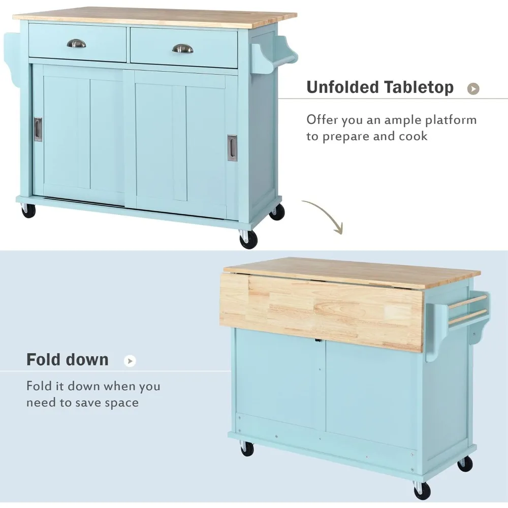 جزيرة المطبخ المتنقلة الجديدة 52.2 بوصة مع أوراق قطرة من الخشب المطاطي وعجلتين قابلين للقفل، رف توابل لباب الحظيرة المنزلق المخفي #5