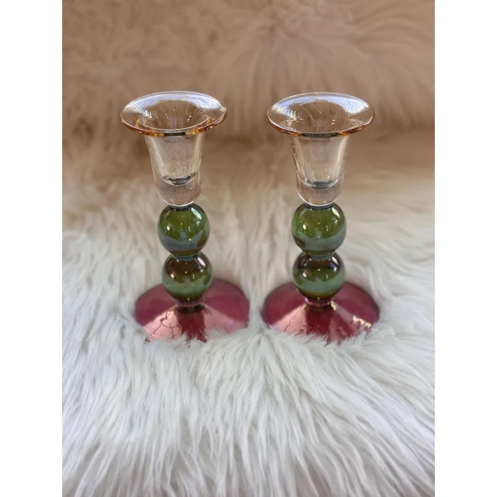 Candle Holders Set of 2 Tri-Color Pair, Handblown Gold Iridescent Single Taper Candlestick