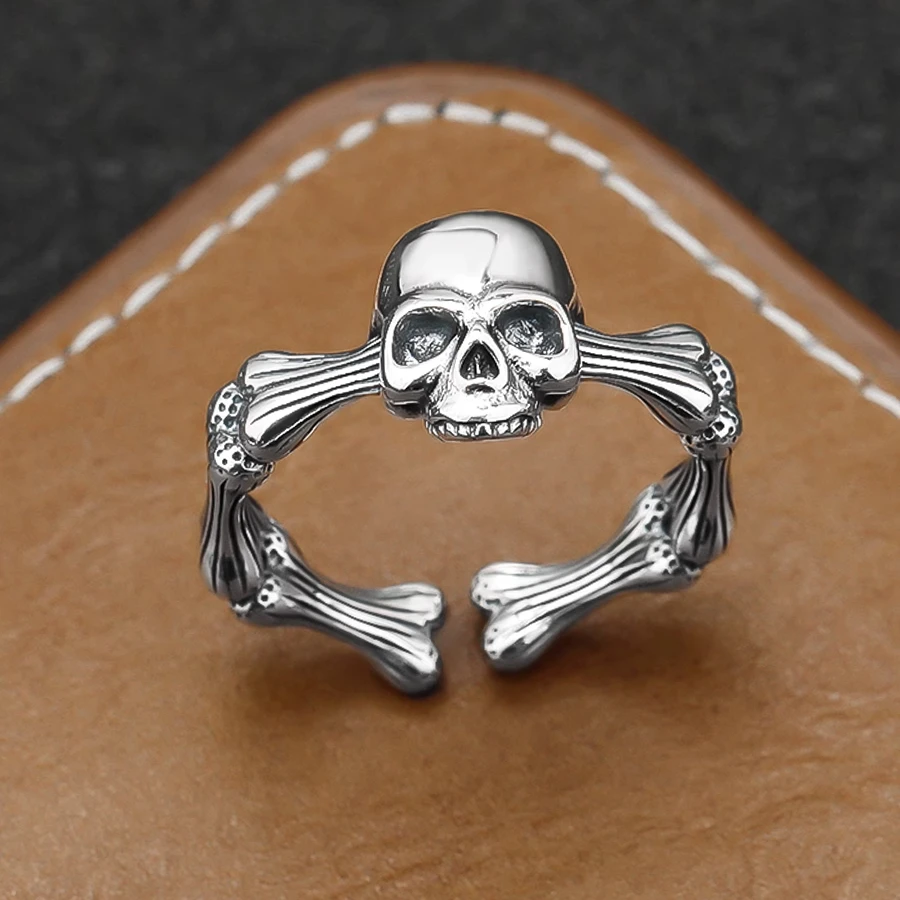 925 sterling silver trendy cool skull ring male and female personality dark Goth wind open ring special-interest design