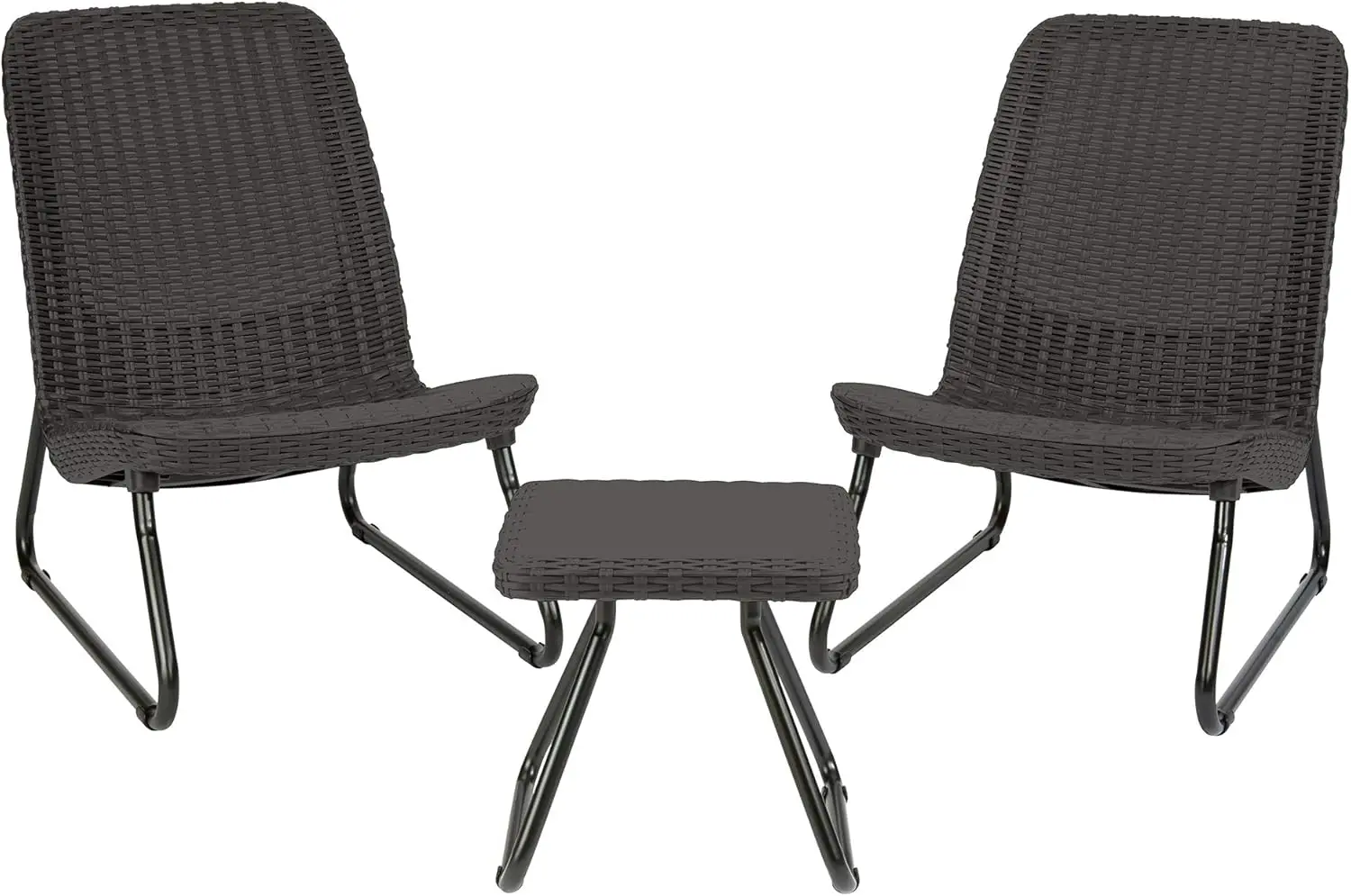 Dark grey resin wicker 3-piece patio furniture set including two rattan chairs and matching side table, decorative weatherproof outdoor seating for front porch and backyard layout