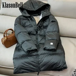 8.28 KlasonBell-Women Classic Hooded Lace-up Down Jacket Mid-Length Solid Whiter Goose Down Keep Warm Down Zipper Outerwear