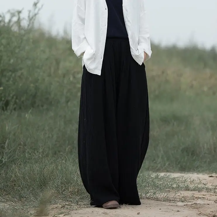 2026 Autumn Solid Loose casual Pants, 5XL 6XL Spring Women Vintage Elastic Waist Cotton Linen trousers Wide Leg long Pants