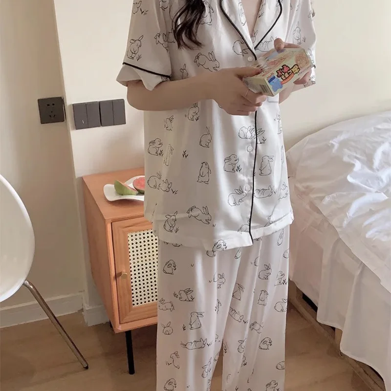 Ladies New Simple Cartoon Pajamas Loungewear Set Spring Summer Ice Silk Short Sleeve Pants Casual Pajamas Loungewear Ladies