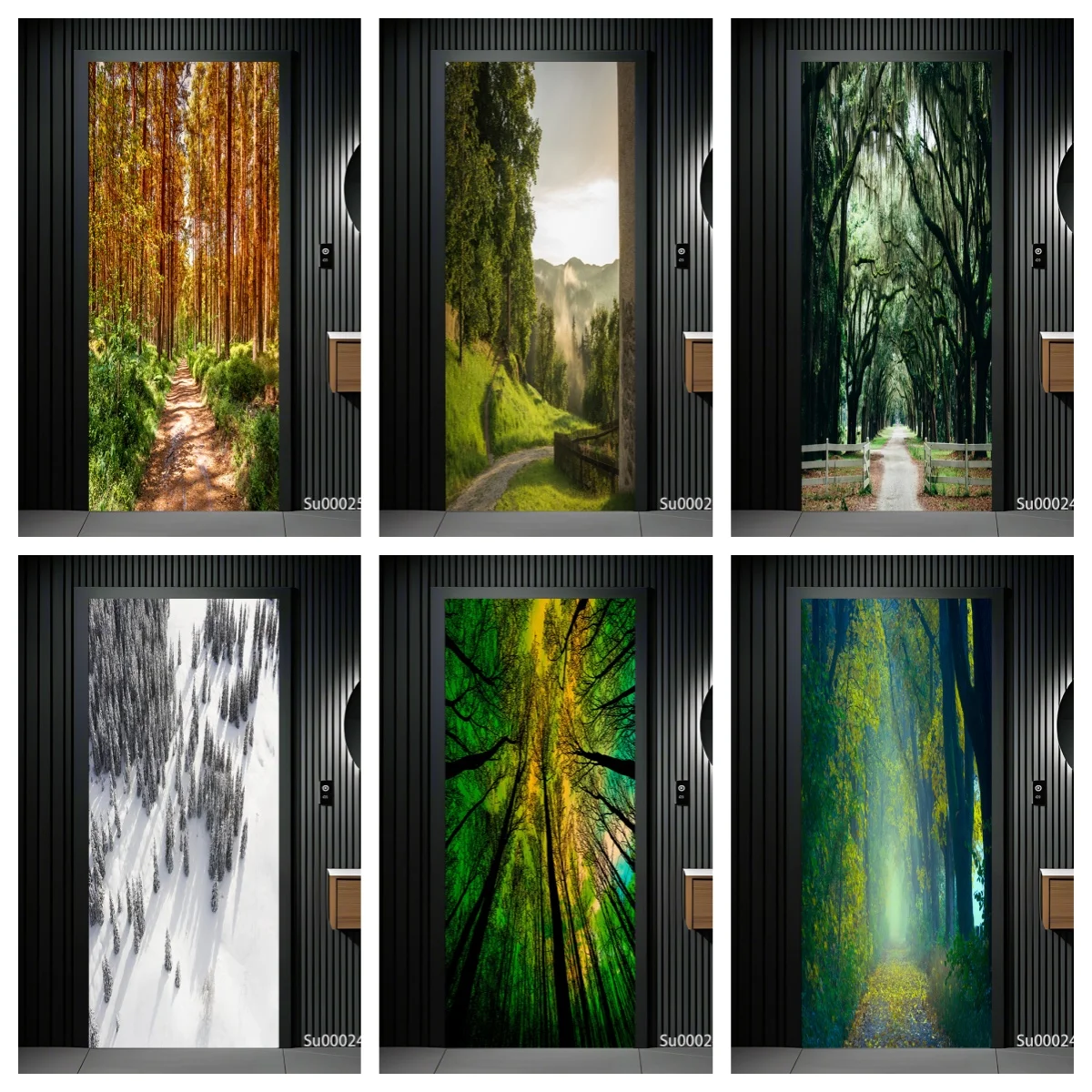 Autocollants décoratifs pour porte, motif forêt naturelle, en PVC auto-adhésif, imperméables et amovibles, pour la décoration intérieure, avec paysage saisonnier d'arbres et de sentiers