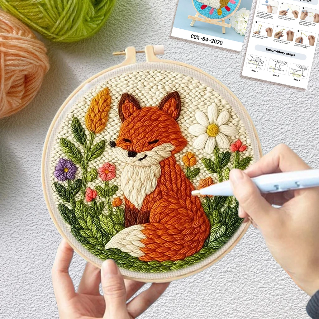 20x20cm Punch Needle Embroidery Starter Kits Fox Pattern for Adults Beginners Punch Needle Kits Easy Handicraft DIY Decor Gift
