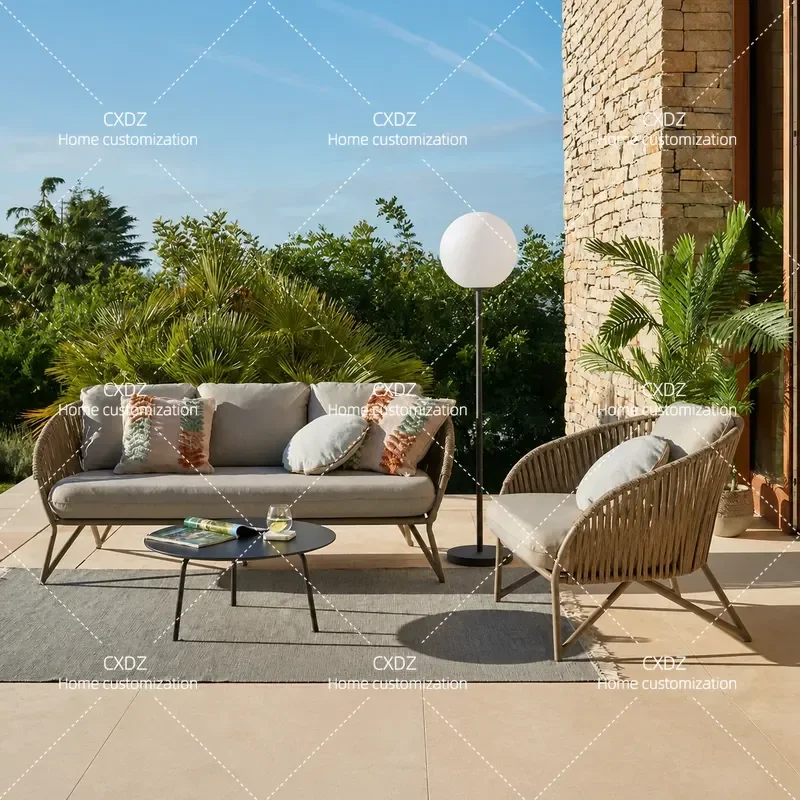 Outdoor Rattan Sofa Set Waterproof Sunproof Garden Patio Balcony Terrace Furniture Leisure Seating Combination for Courtyard