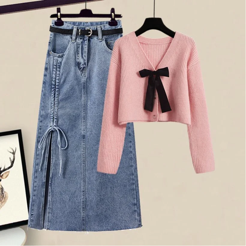 Spring and Autumn Set Women's 2023 New Korean Sweetheart Age Reducing Knitted Sweater and Denim Skirt Two Piece Set Fashion