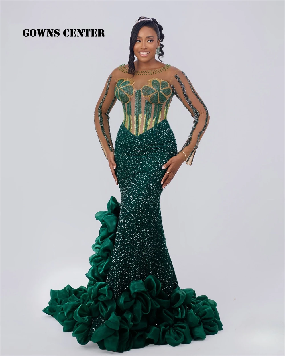 

Exquisite Dark Green Aso Ebi Mermaid Evening Dresses Ruched Train Beads 2025 Sheer Long Sleeves Wedding Events Gowns Customized