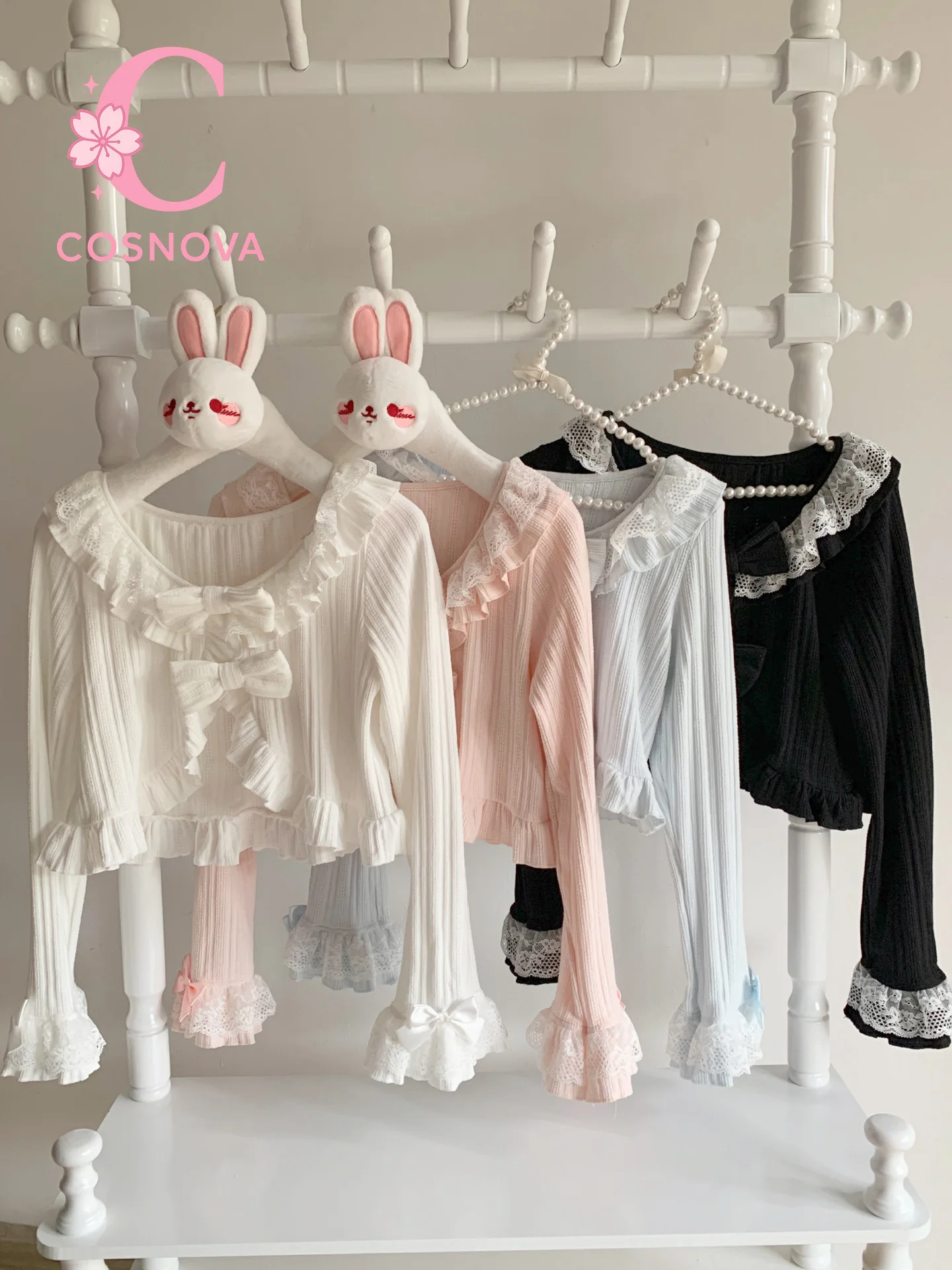 

Sweet Lolita Knit Cardigan Women Autumn Winter Short Ruffle Lace Bow Trim Cute Kawaii Layered Sleeve Pearl Detail Elegant Outfit