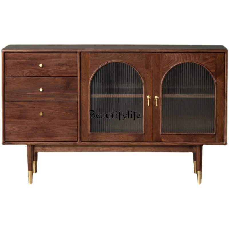 

*Nordic retro black walnut solid wood dining side cabinet simple Japanese living room storage locker