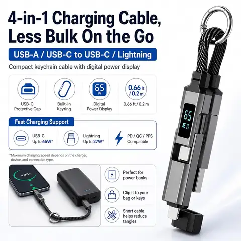 Cable 4-in-1 Keychain USB C Cable with V/A/W Display, 65W Fast Charging with LED Charger Cord for iPhone 16/15, iPad,MacBook, Samsung