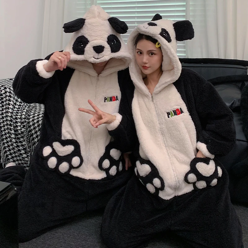 Kigurumis Panda Winter Women Pajamas Jumpsuits Men Sleepwear Warm Thicken Couple Cartoon Hooded Coral Velvet One-Pieces Lovers