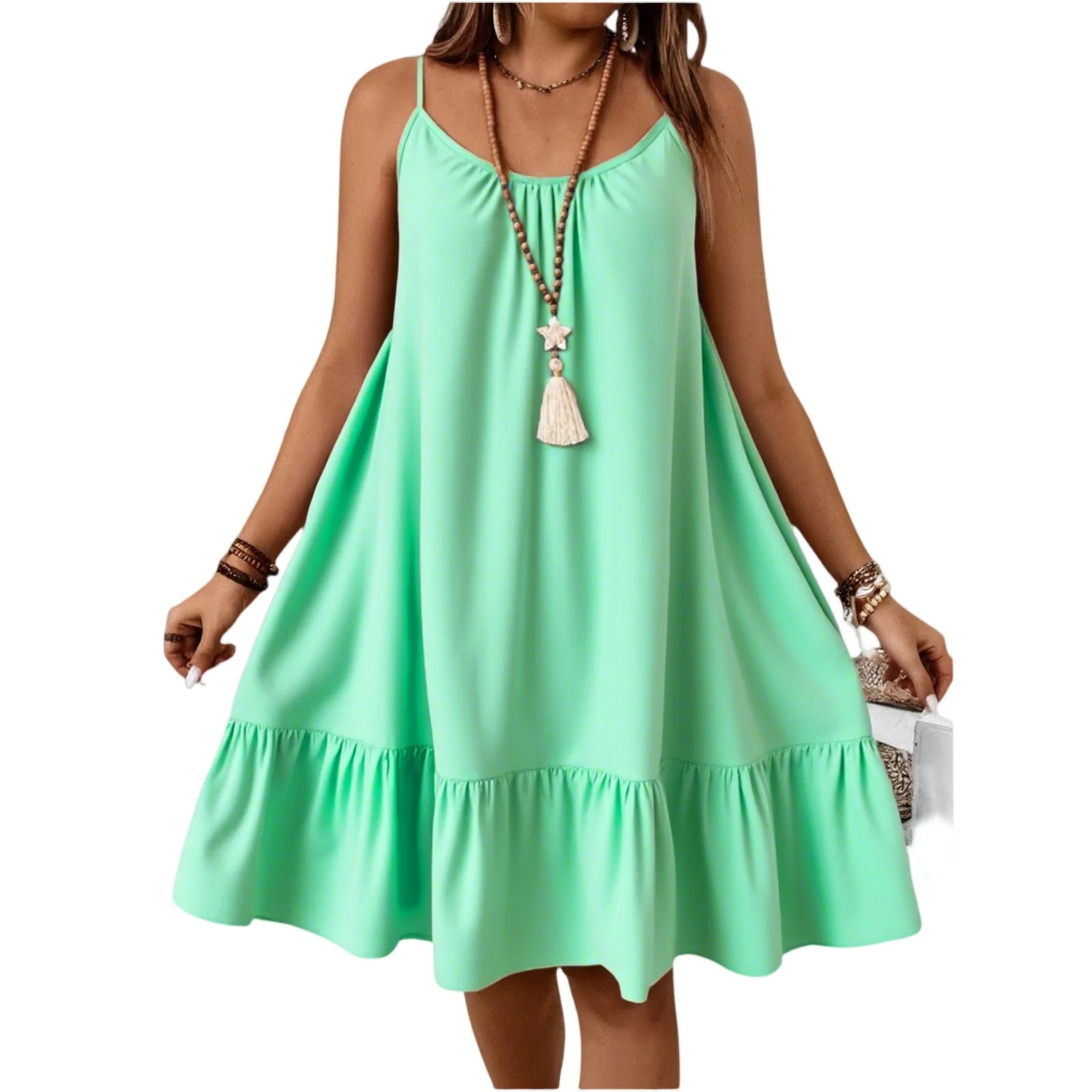 

Plus Size Women's Loose Dress Summer Casual Sleeveless Ruffles A-Line Dresses Stylish Spaghetti Strap Knee-length Dress Vestidos