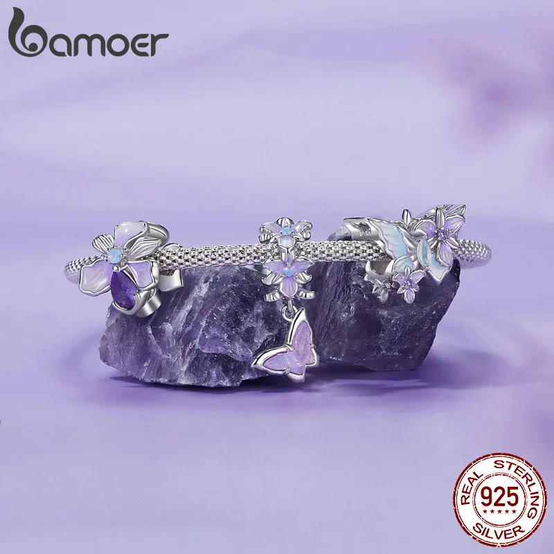 Bamoer 100% 925 Sterling Silver Romantic Crystal Butterfly Iris Charm For Women Fit Bracelet DIY Necklace Fine Jewelry Gift