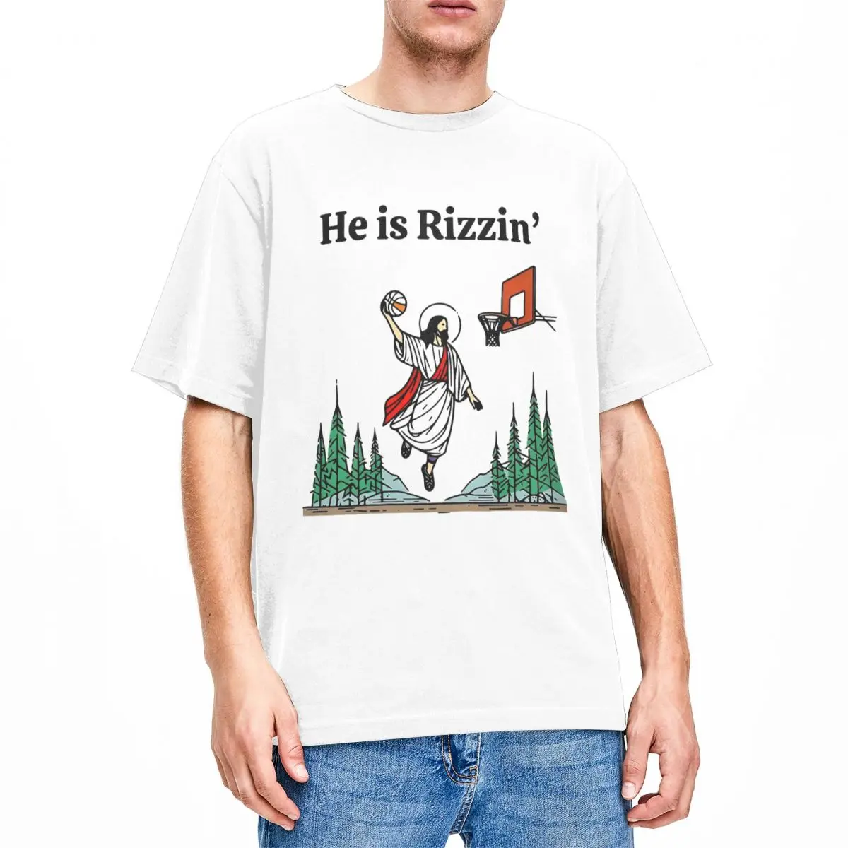 He Is Rizzin Funny Easter Jesus Playing Basketball Meme Merch T Shirt Cotton Tee Graphic Print T-shirt Clothes