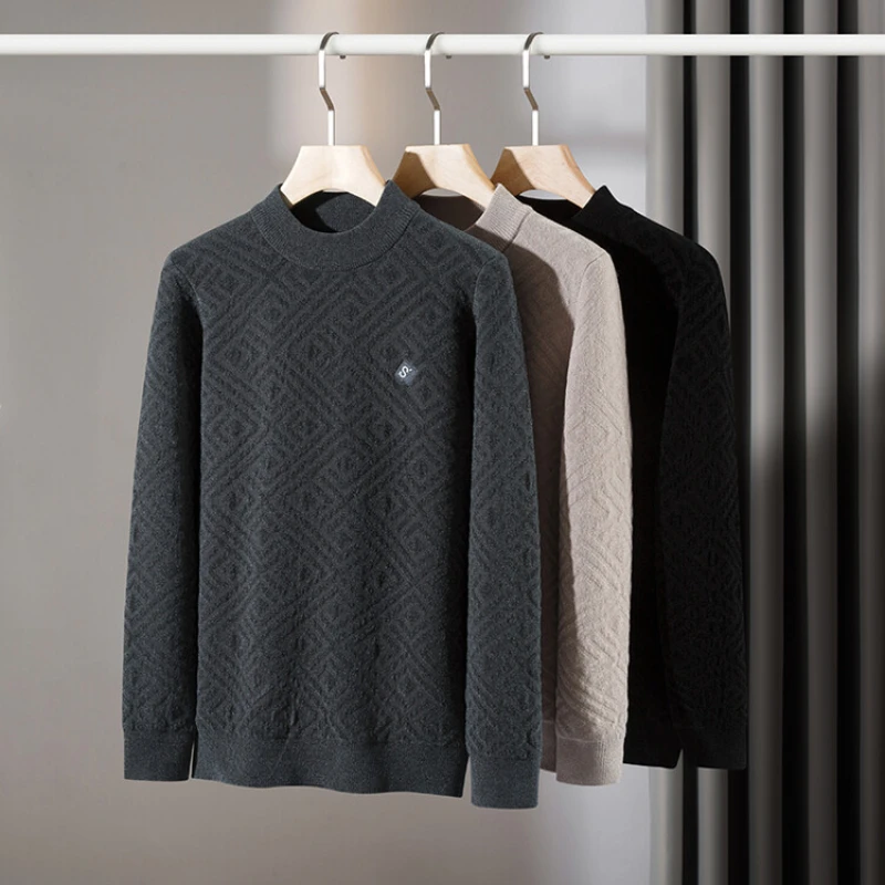 Solid Color Thickened Turtleneck Sweater, Daily Business Casual Men's Geometric Pattern Sweater.Stretchable Thermal Underwear