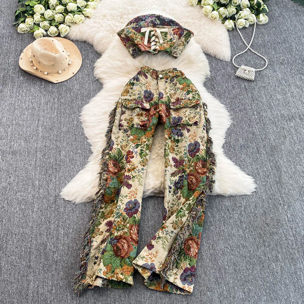 

Summer 2024 Sexy Bowtie Wrap Top Tassel Long Pants plus Size Print Faion Two-piece Set Women's Cross-border Clothing