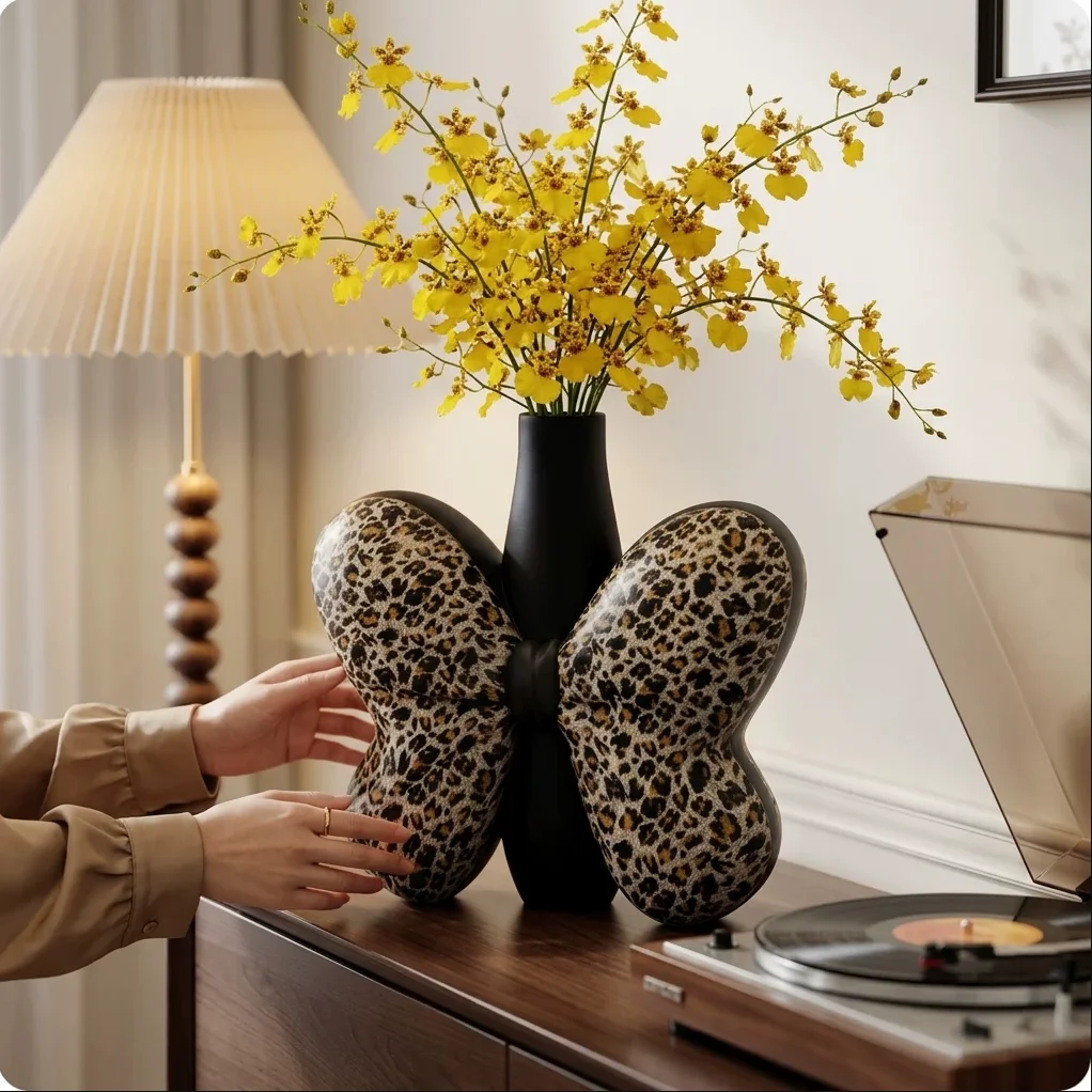 Vintage Leopard Print Butterfly Vase for Living Room Table Centerpiece, Exuding Sophistication and Unique Home Decor