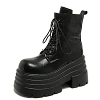 10.5CM Women High Platform Boots Gothic Leather Punk Shoes Female Ankle Short Combat Boots Wedge Heels Chunky Motorcycle Boots