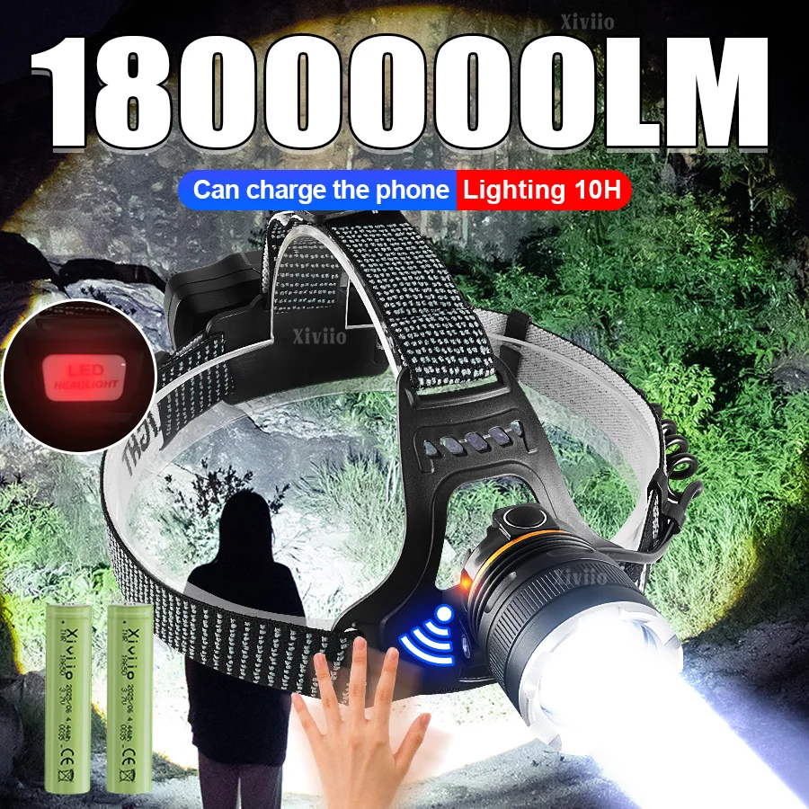 

1800000LM Powerful led Headlamp Waterproof Strong Light Head Flashlight Rechargeable Head Lantern for Outdoor Camping Fishing