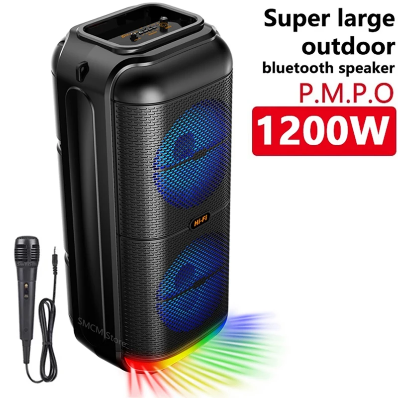 1200W Super Large Outdoor Bluetooth Speaker 6 Inch Double Horn Subwoofer Portable Wireless Column Bass Sound with Mic