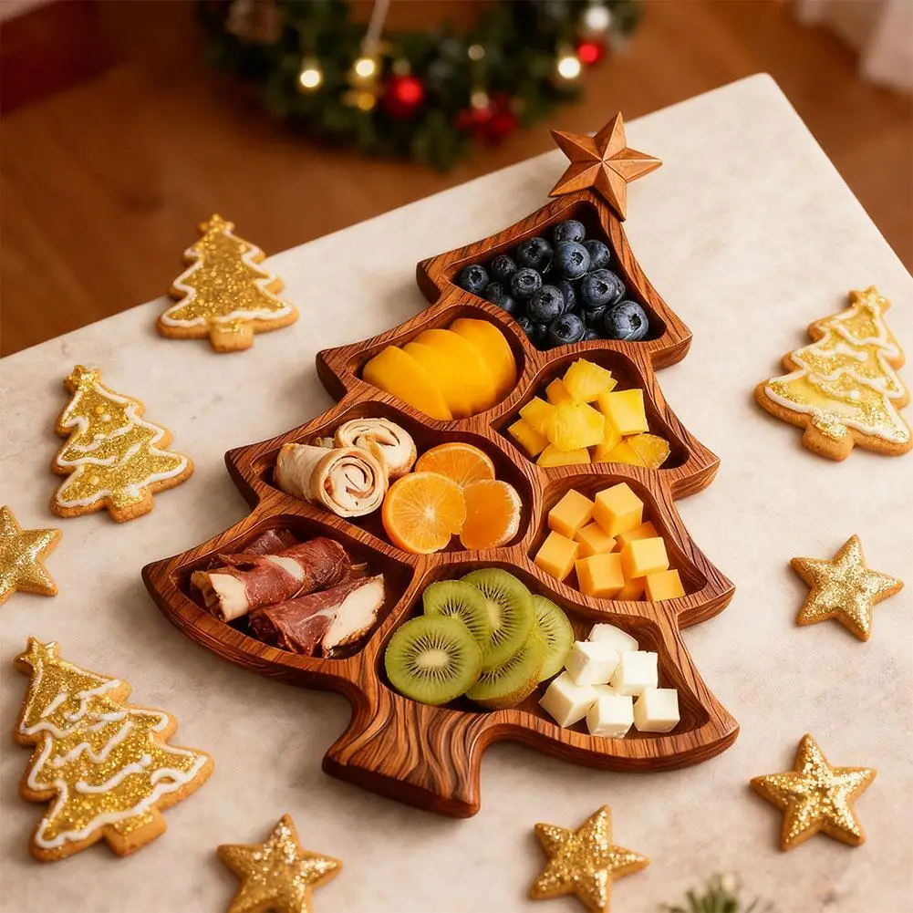 صينية تقديم شجرة عيد الميلاد، صينية الوجبات الخفيفة الخشبية مع مقصورات، أطباق تقديم العطلات، لوحة الفحم 27/21.5 سم #3