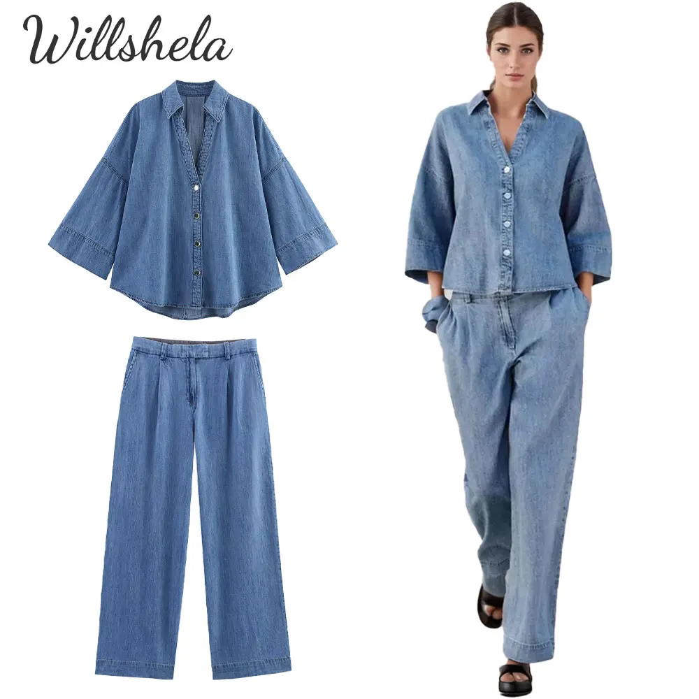 

Willshela Women Fashion 2 Pieces Sets Solid Loose Denim shirt and Straight Wide Leg Pants Female Chic Lady Casual Trousers Suit