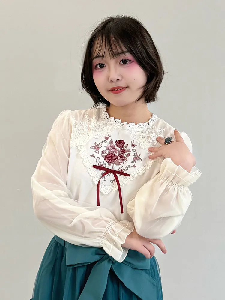 

Ele Floral Embroidery Top for Women Versatile Sli Japanese Sweet Sle Long Sve round Neline Polyester Blend