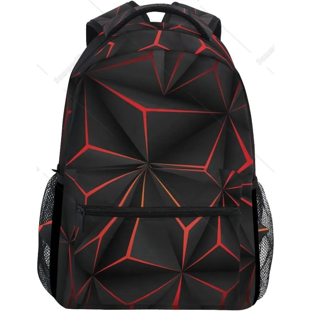 

3D Geometric Black Polygon Red Futuristic Large Backpack Personalized Laptop IPad Tablet Travel School Bag With Multiple