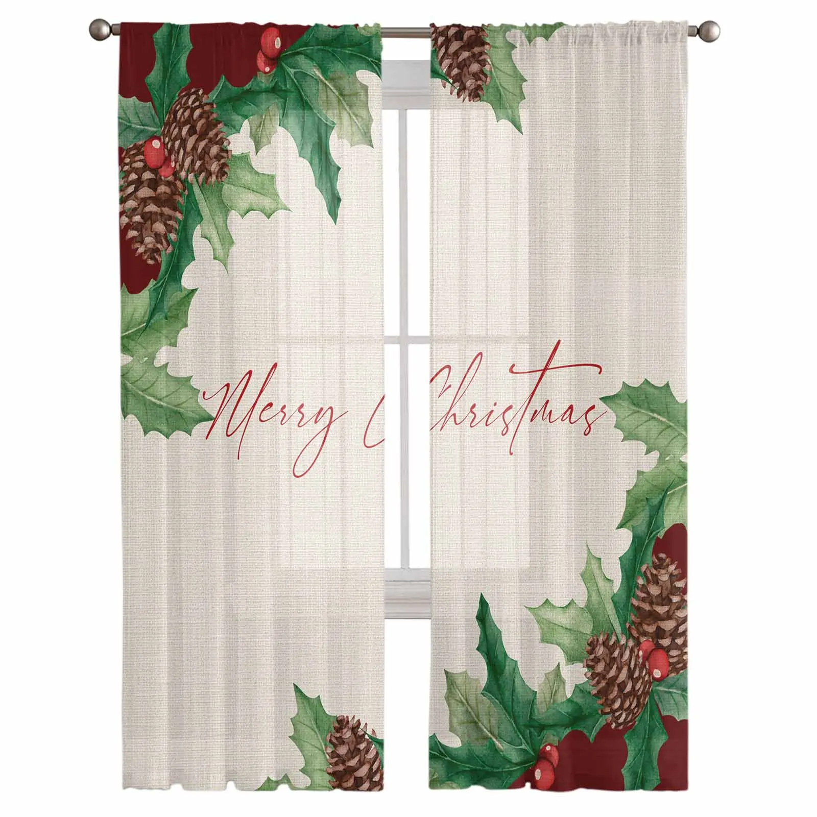 Christmas Plant Berries Pine Cones Window Tulle Curtains for Living Room Kitchen Christmas Home Decor Sheer Voile Curtains