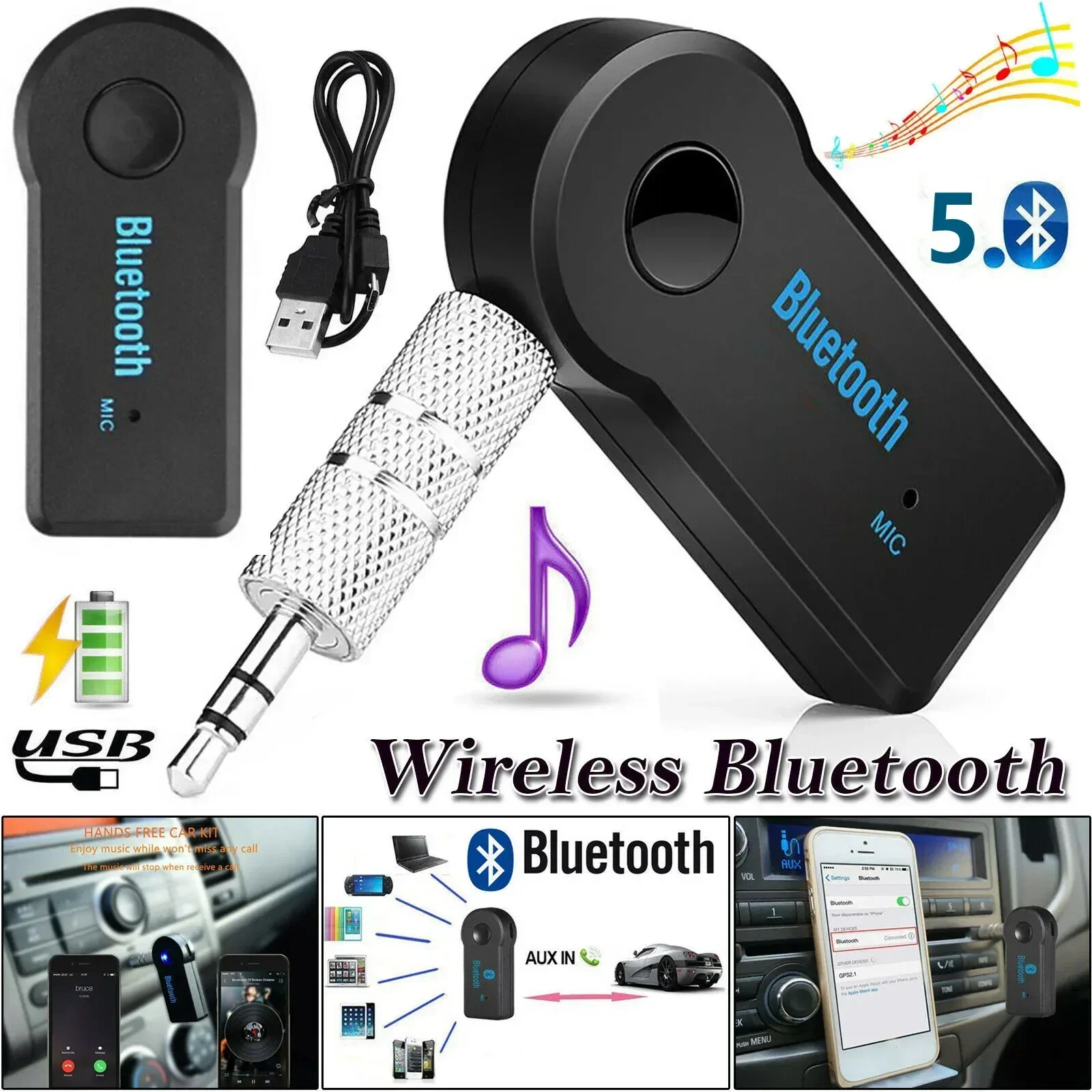 2 in 1 Wireless Bluetooth 5.0 Receiver Adapter 3.5mm Jack For Car Music Audio Aux A2dp Headphone Reciever Handsfree New