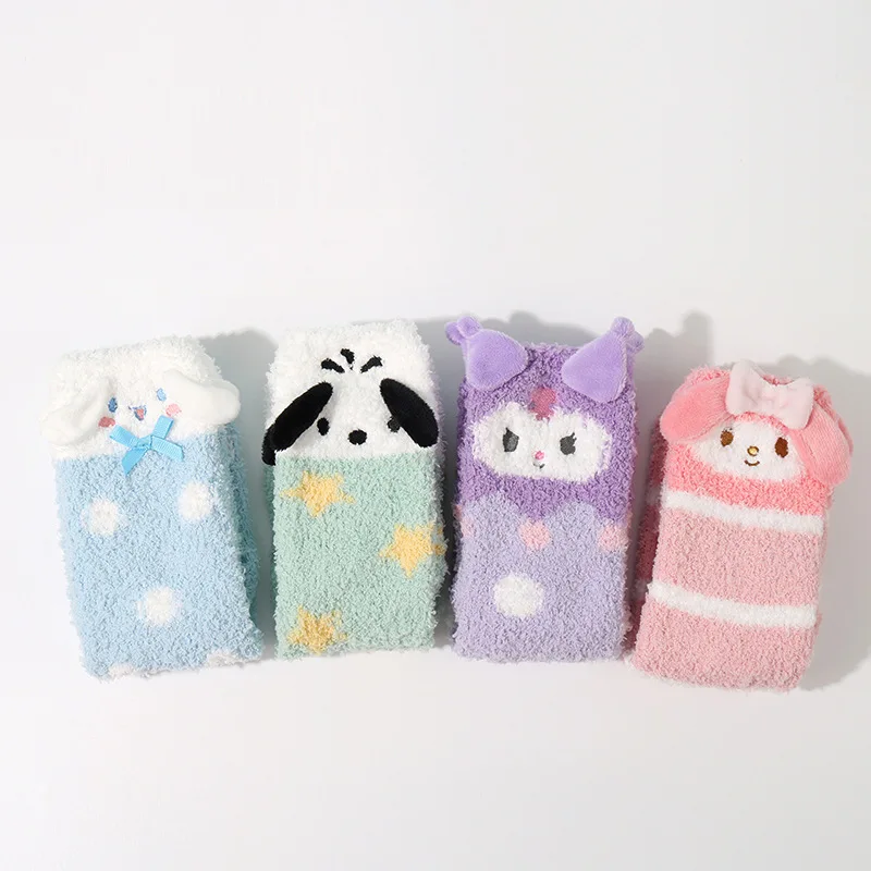 4Pairs Kawaii Sanrio Plush Sock Anime Kuromi Cinnamoroll MyMelody Autumn Winter Ins Soft Girl Floor Sox Holiday Cotton Socking