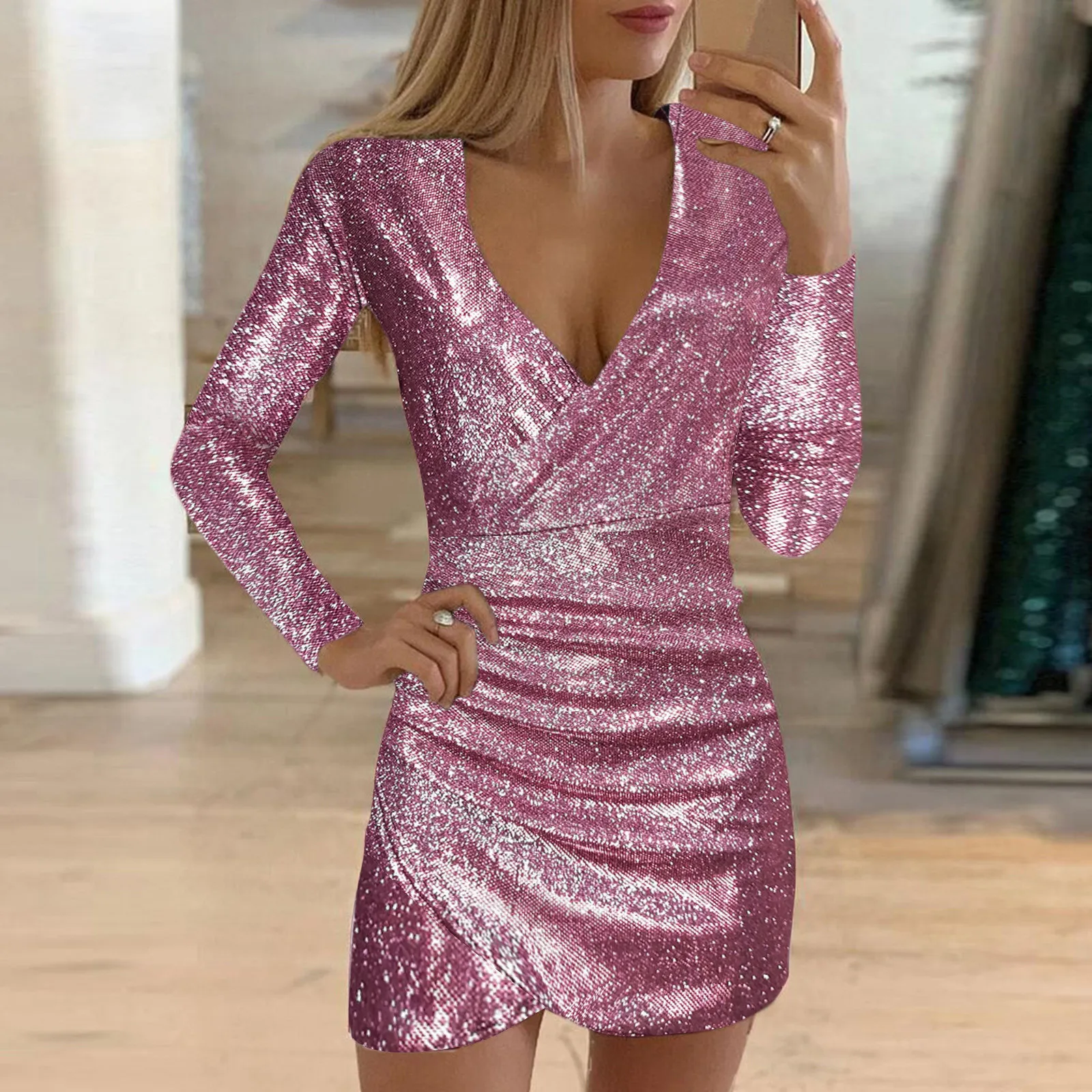 Robe à paillettes argentées à col en V profond pour femmes, mini tambour à paillettes, manches longues, robes de club de fête, élégante, sexy, printemps, 2024