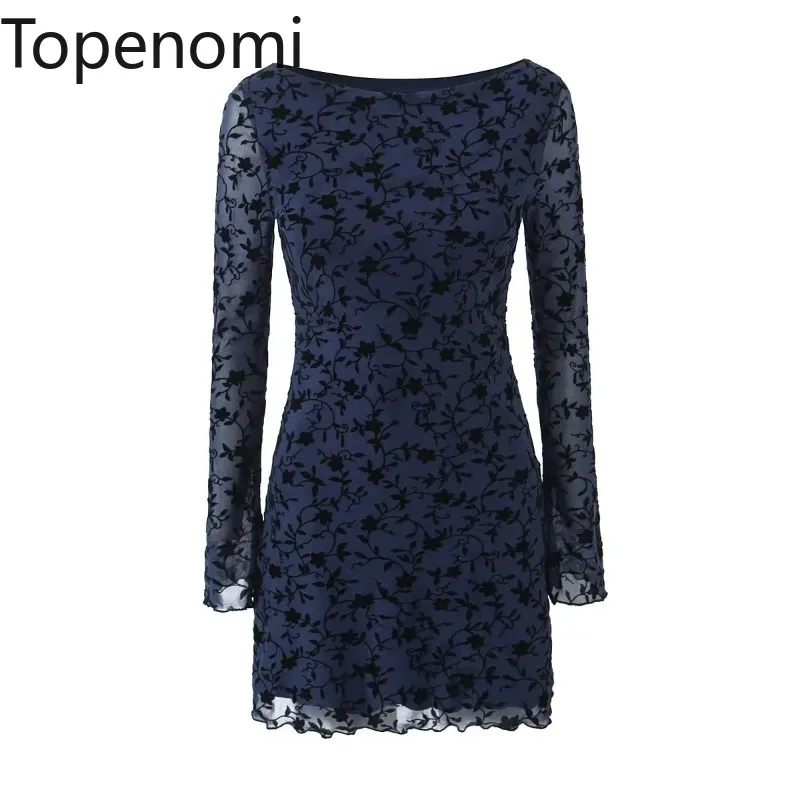 

Topenomi Sexy Flocking Print Mesh Mini Dress Women Flare Sleeve Waisted Slim Fit Party Dresses Retro Fashion Long Sleeve Vestido