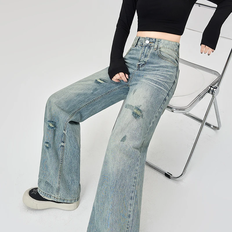 

Loose Straight Leg High Waist Casual Distressed Vintage Denim Pants Wide Leg Flare Trousers Oversized Jeans For Women
