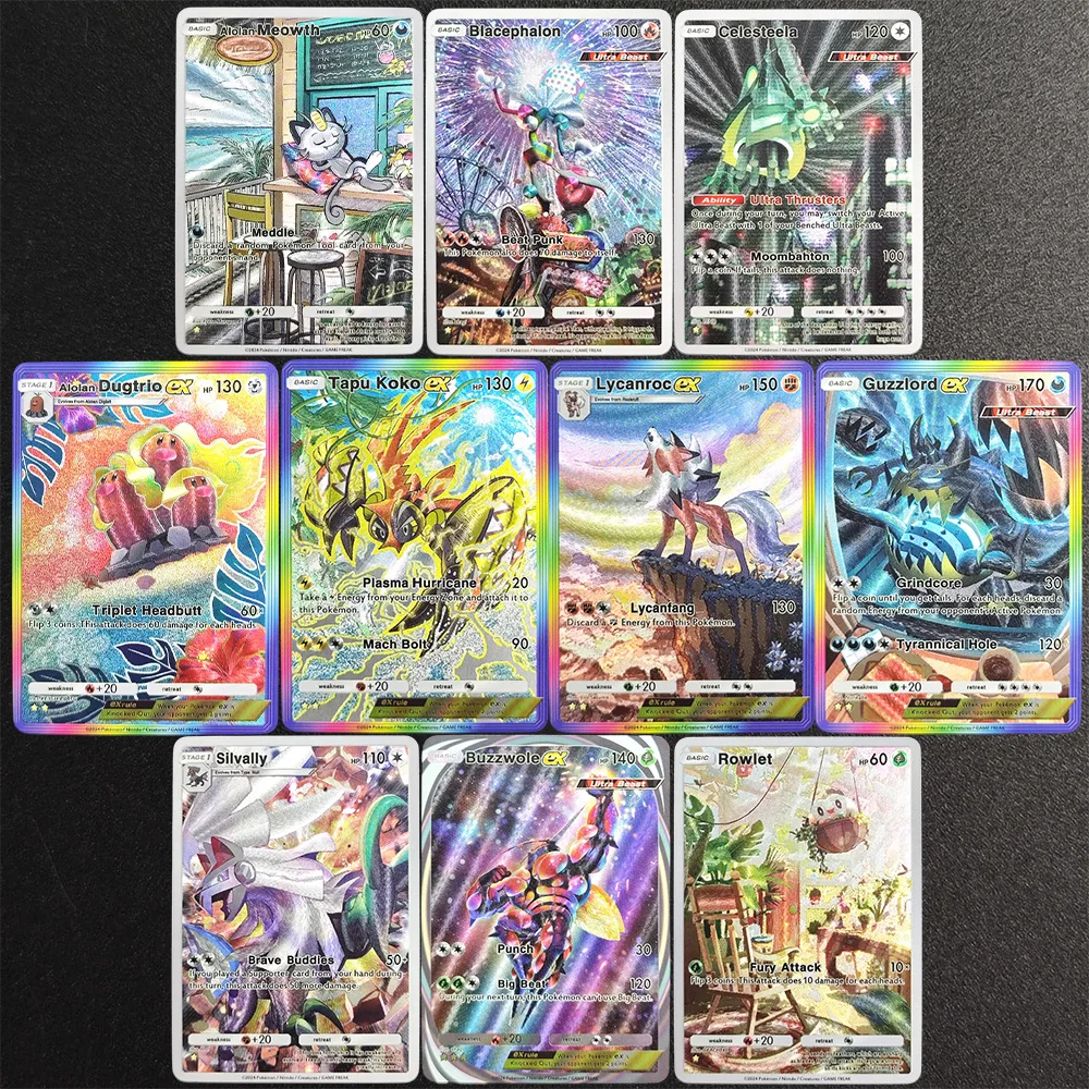 

10 шт. коллекционных карточек TCG: Pocket Buzzwole, Alolan Meowth, Dugtrio, Tapu, Rowlet, Silvally, Celesteela, Lycanroc, Guzzlord – игрушка-карточка с текстурой игры