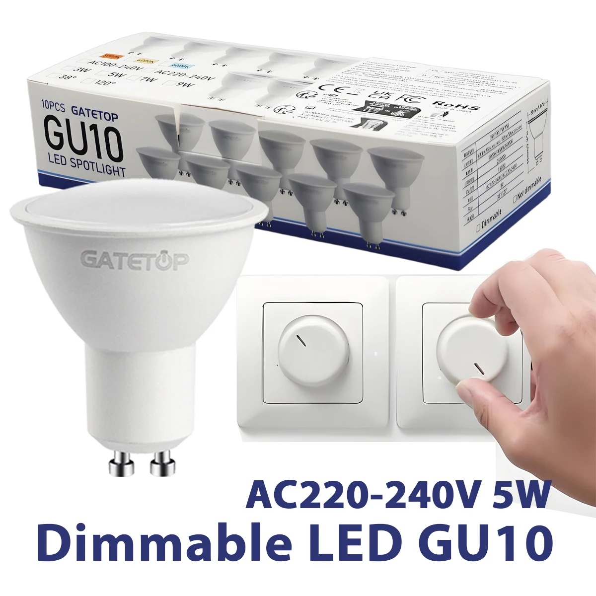 

10 упаковок точечного светильника GU10 с регулируемой яркостью, 5 Вт переменного тока, 220 В, затемнение 3000 К, 4000 К, 6000 К, материал ПК, потолочный светильник, витрина, освещение дисплея