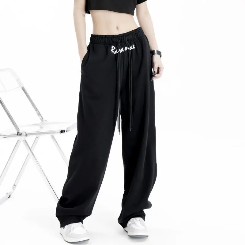 QWEEK Sports Oversized Black Sweatpants Women Wide Leg Jogging America High Street Pants Joggers Casual Harajuku Summer Trousers