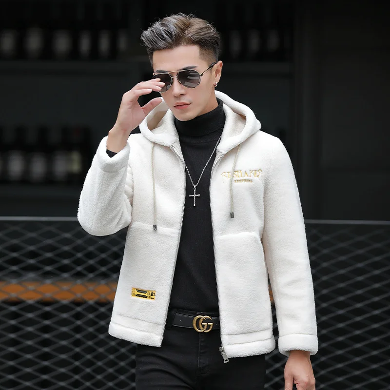 Mens Cashmere Sheared Fur Hooded Leather Jacket Embroidery Winter Wool Coat