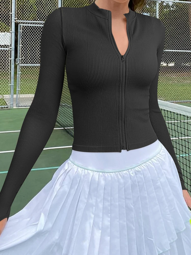 

High Waist Slimming Training Tops Women's Tight Stand Collar Full Zipper Long Sleeve Yoga Running Fitness Quick Dry Yoga Shirts