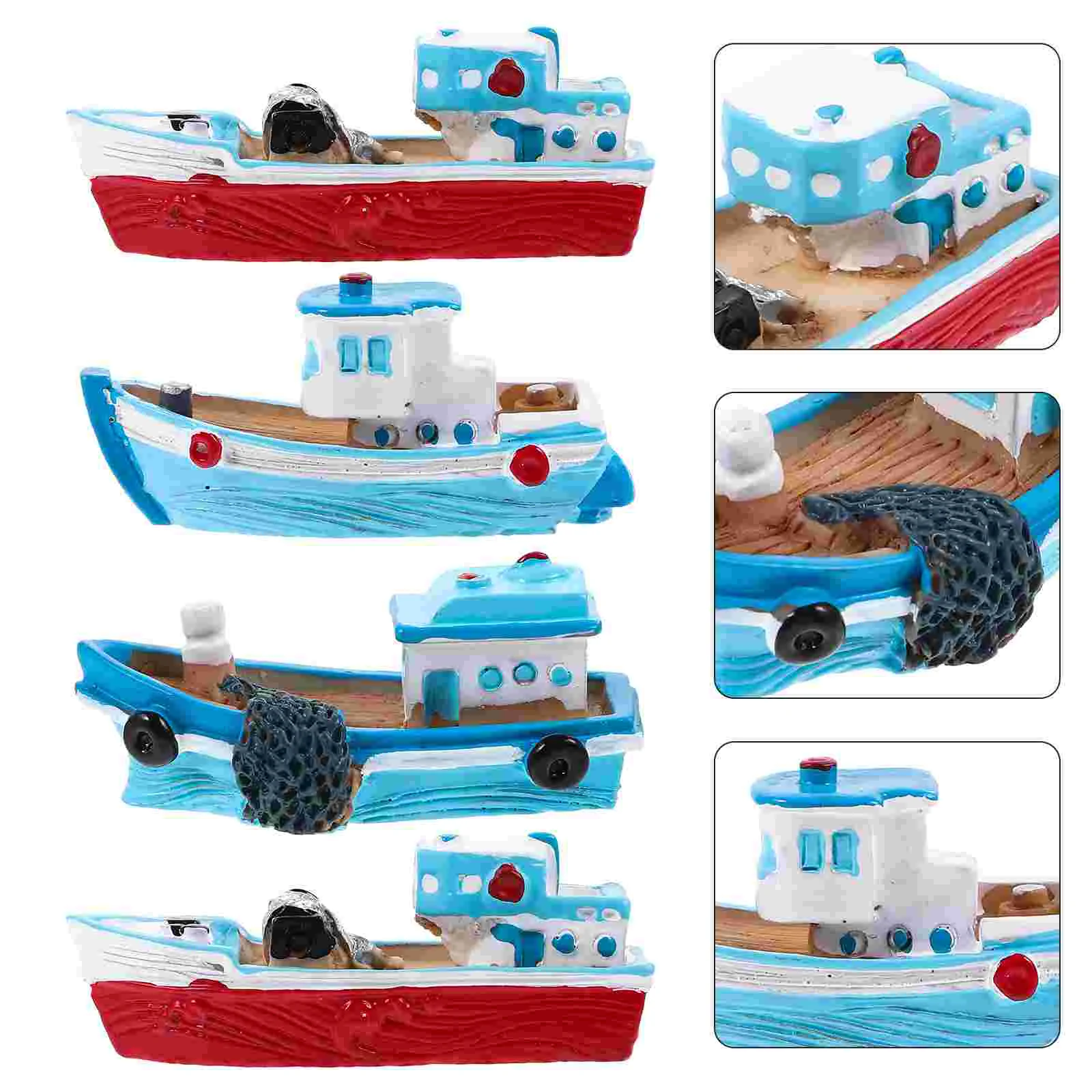 

4 Pcs Fishing Boat Ornaments Decor for Desktop Resin Model Decorate Ship Mini Crafts Office Child Nautical Dollhouse