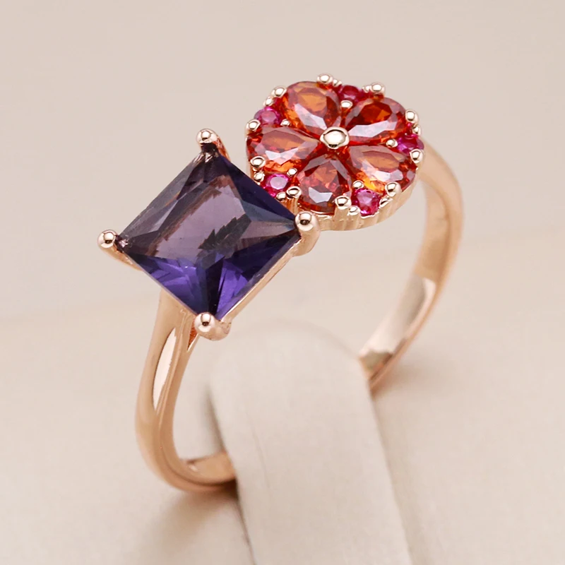 Kinel Hot Square Purple Natural Zircon Ring For Women 585 Rose Gold Color Flower Jewelry Fine Daily Accessories