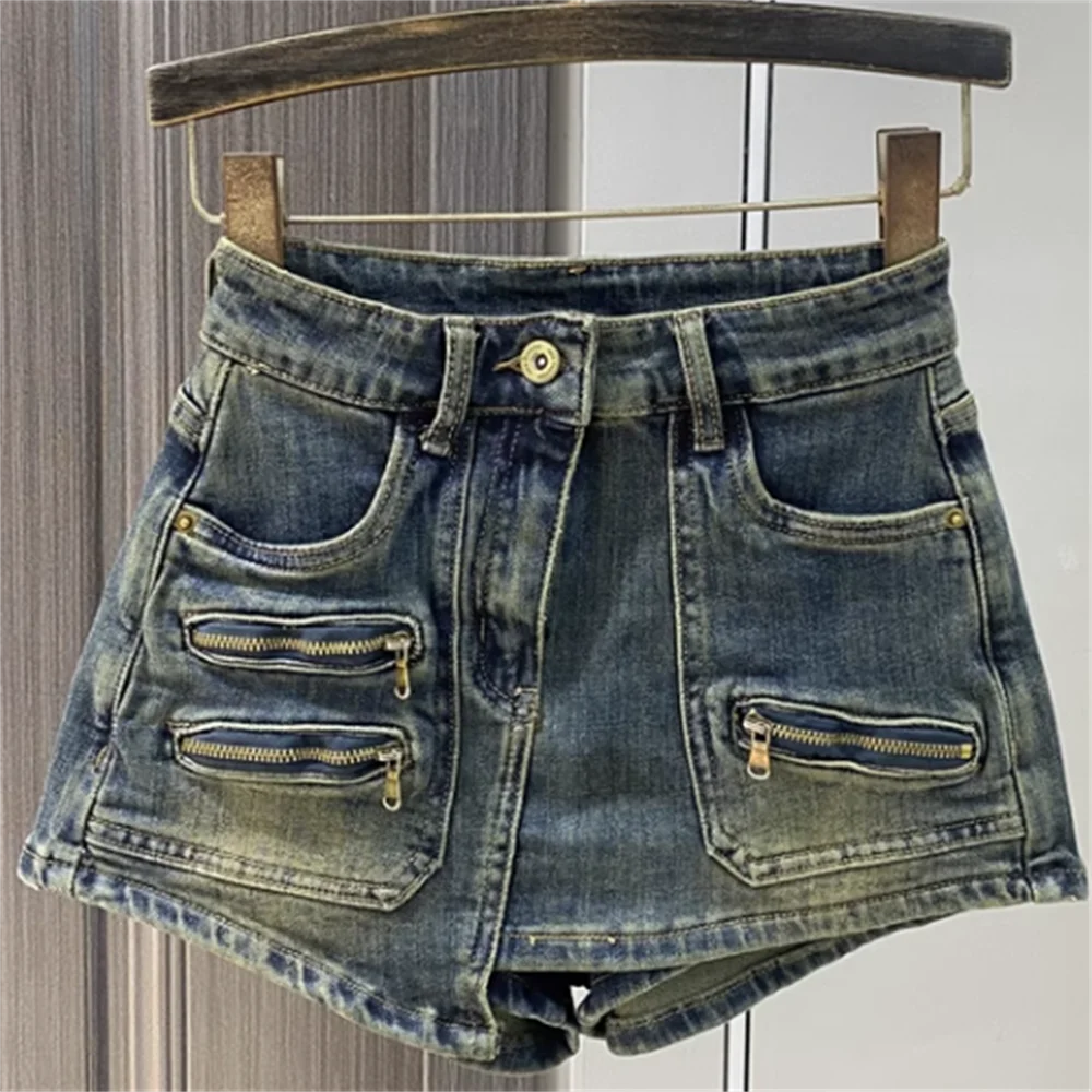 New irregular slim denim shorts stretch zipper pocket fashion shorts women