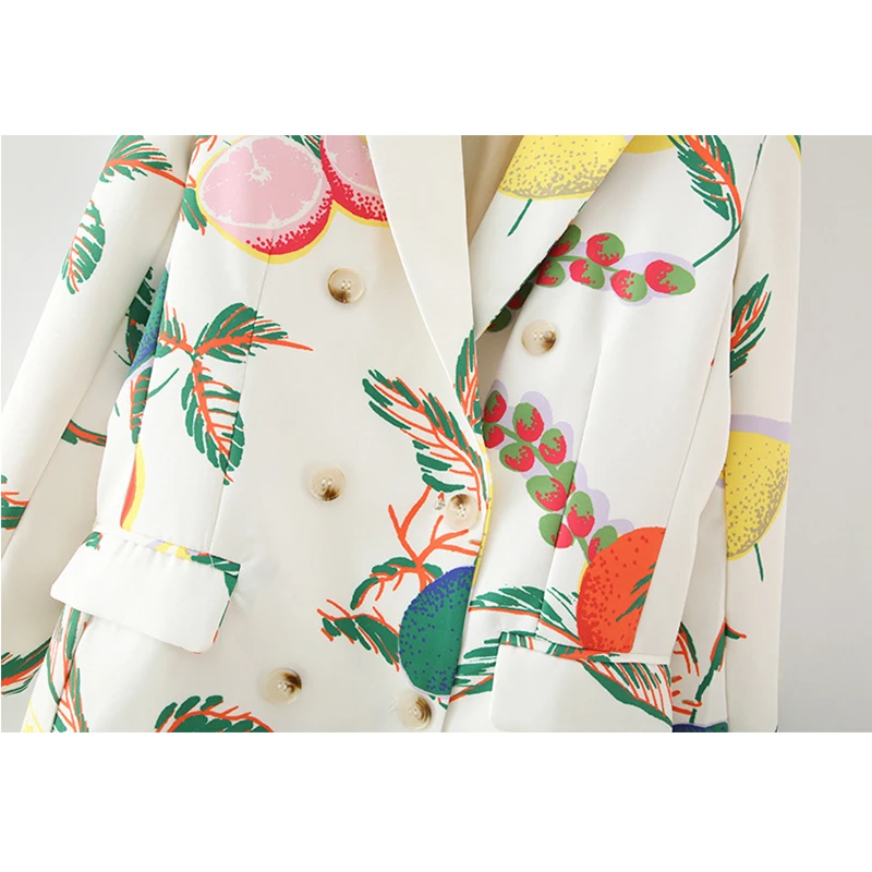 Blazer Mujer 2023 Women Fashion Double Breasted Fruit Print Blazers Coat Vintage Long Sleeve Pockets Female Outerwears Chic Tops