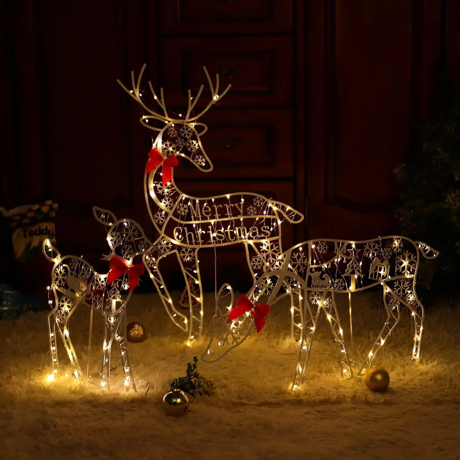 

3PCS Handmake Iron Art Elk Deer Christmas Garden Decor &LED Light Glowing Glitter Reindeer Xmas Home Outdoor Yard Ornament Decor