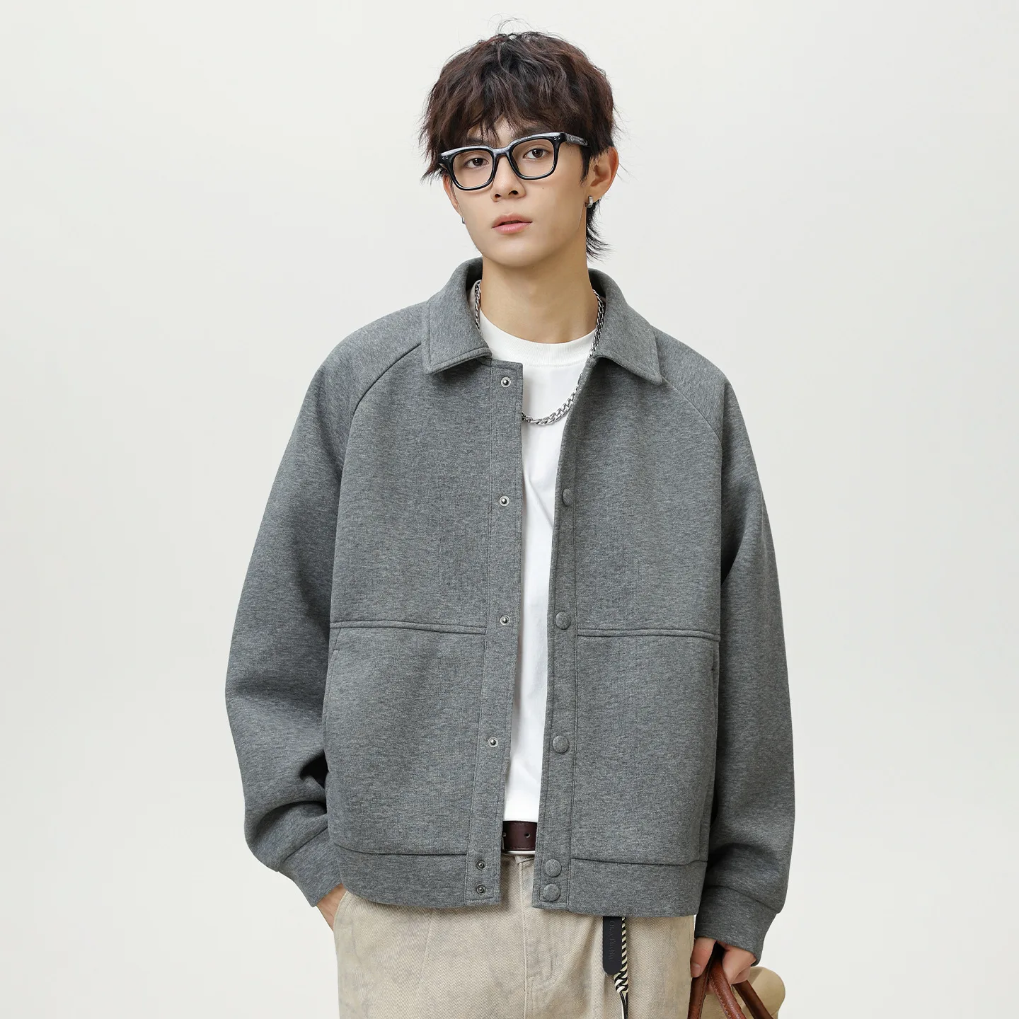 

Collar Raglan Sleeve Casual Relaxed Jacket Men Autumn New Trendy Brand Short Wide Silhouette Textured Loose Business Woolen EMD0